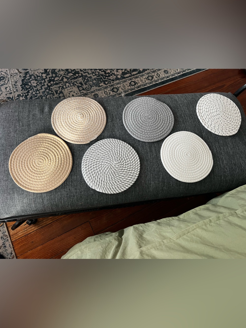 Set of 6- 8” Round Woven Coasters in Neutral Tones
